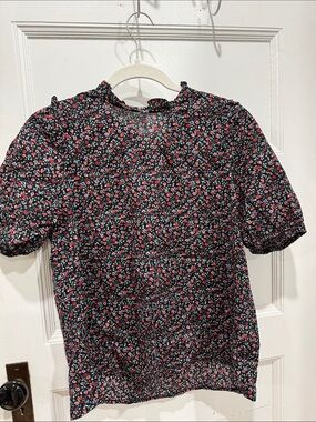 Madewell Black Floral Peasant Blouse with Pink & Green Blossoms